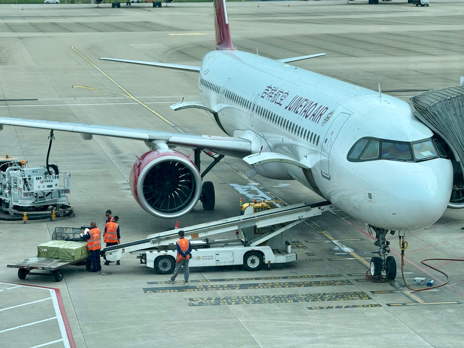 Ground crew and freight equipment beside an aircraft.